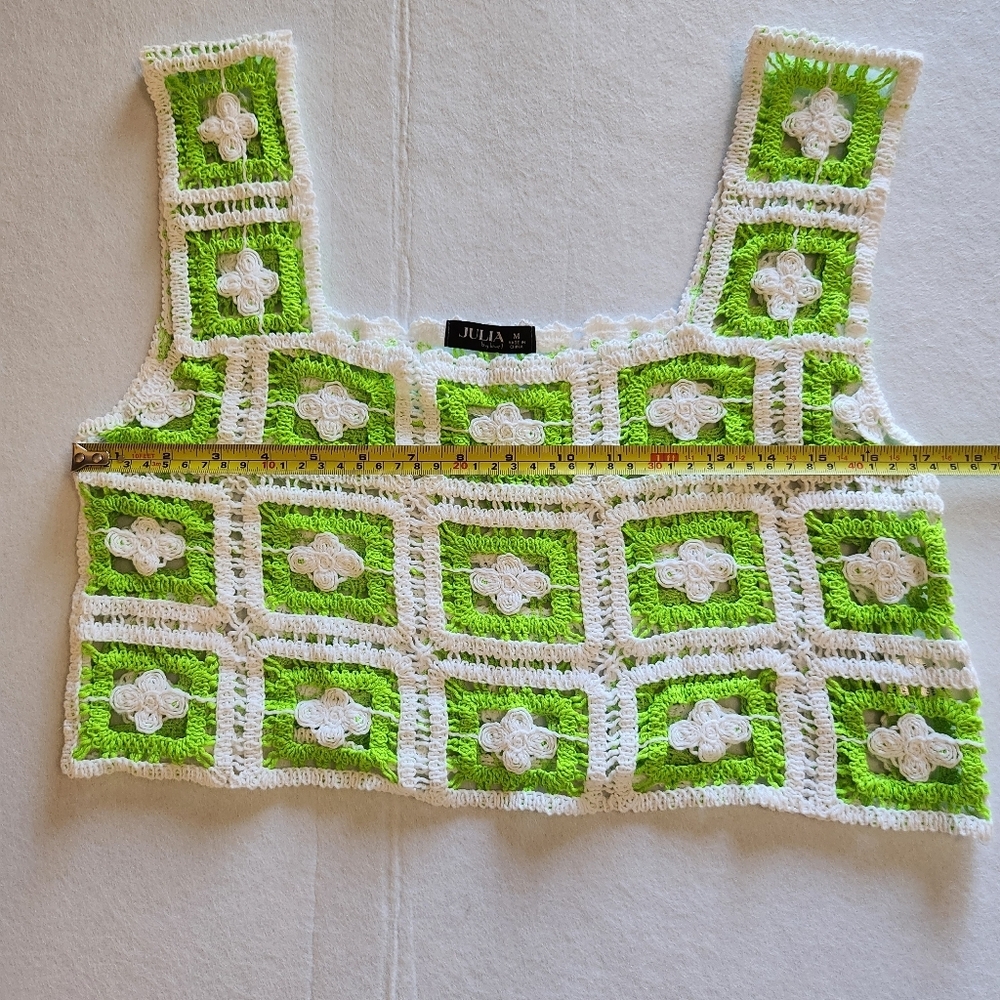 JULIA Hipster Granny Square Crochet Tank Top in Neon Green & White Size Medium - Picture 6 of 9
